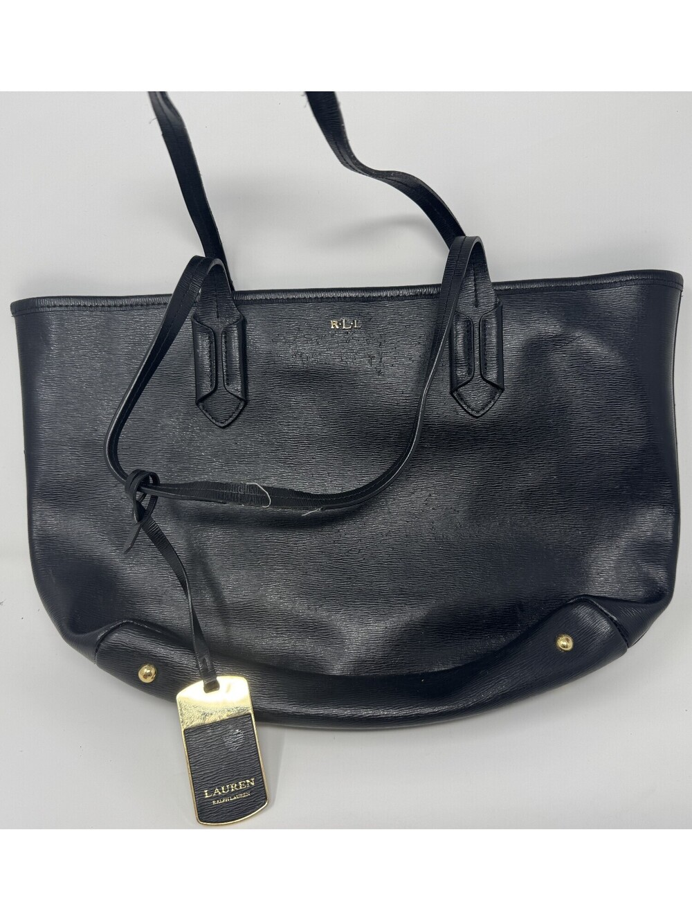 Ralph Lauren RLL Black Smooth Leather Shoulder Tote Bag Purse Carry